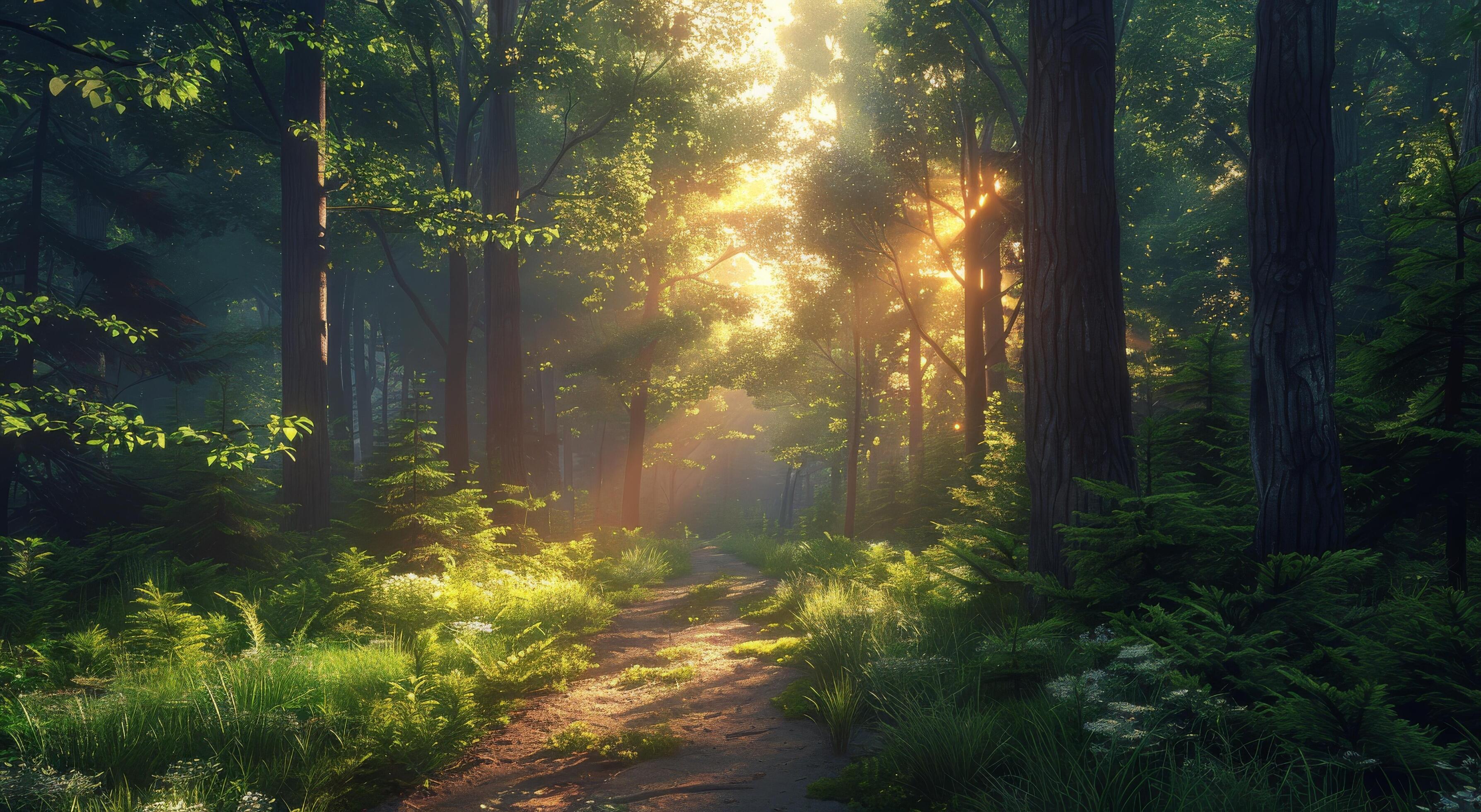 A sunlit path through trees at golden hour